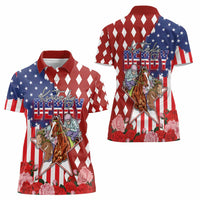 Kentucky Horses Racing Women Polo Shirt US Flag Grunge and Diamond Pattern Red Color