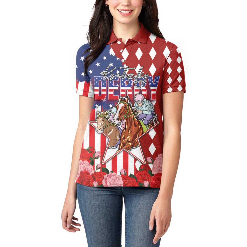 Kentucky Horses Racing Women Polo Shirt US Flag Grunge and Diamond Pattern Red Color
