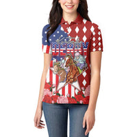 Kentucky Horses Racing Women Polo Shirt US Flag Grunge and Diamond Pattern Red Color