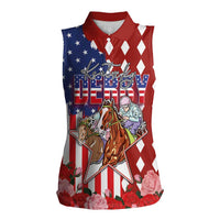 Kentucky Horses Racing Women Sleeveless Polo Shirt US Flag Grunge and Diamond Pattern Red Color