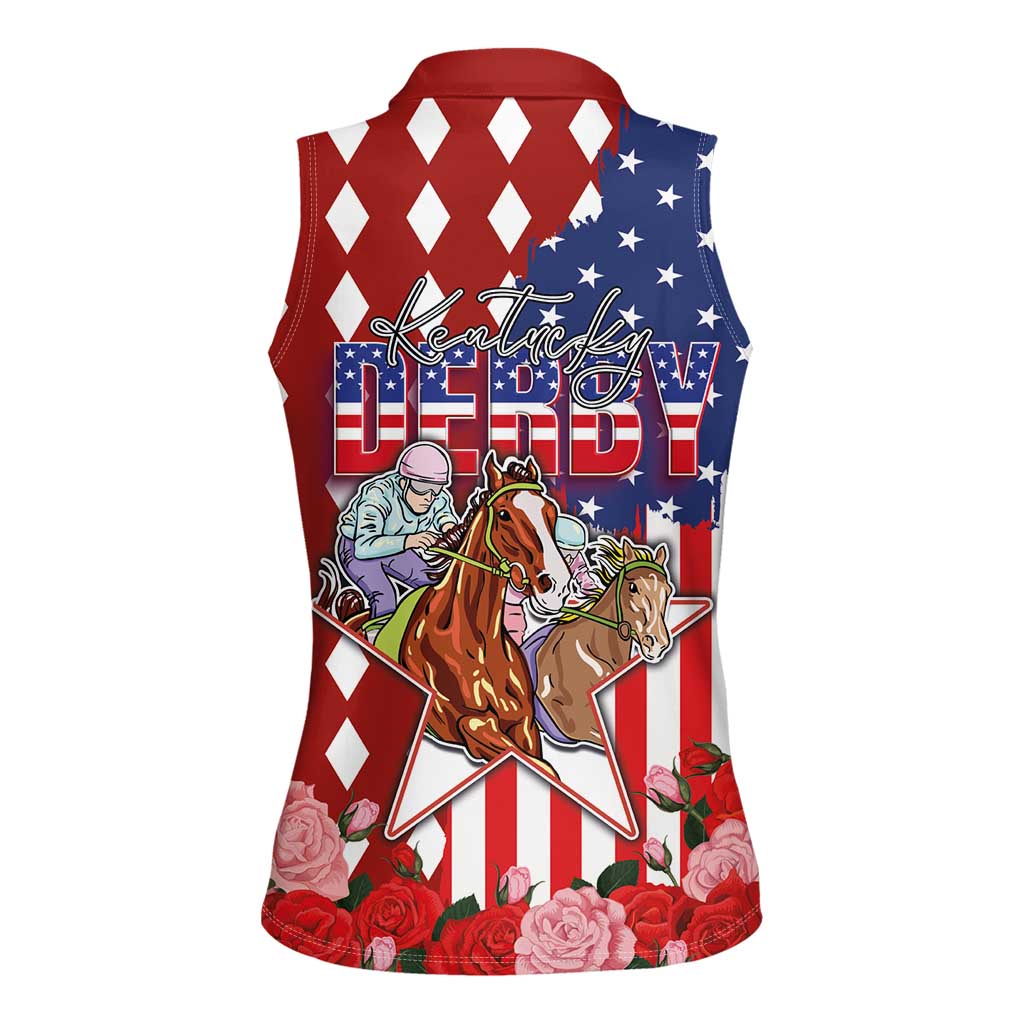 Kentucky Horses Racing Women Sleeveless Polo Shirt US Flag Grunge and Diamond Pattern Red Color