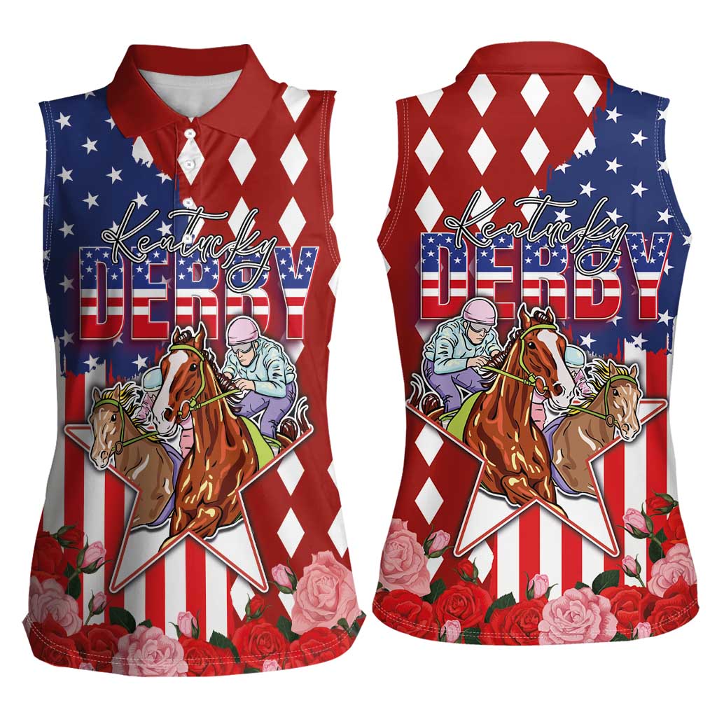 Kentucky Horses Racing Women Sleeveless Polo Shirt US Flag Grunge and Diamond Pattern Red Color