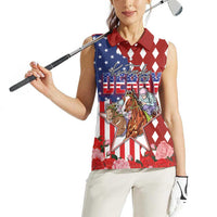 Kentucky Horses Racing Women Sleeveless Polo Shirt US Flag Grunge and Diamond Pattern Red Color