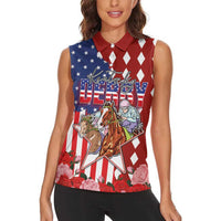 Kentucky Horses Racing Women Sleeveless Polo Shirt US Flag Grunge and Diamond Pattern Red Color