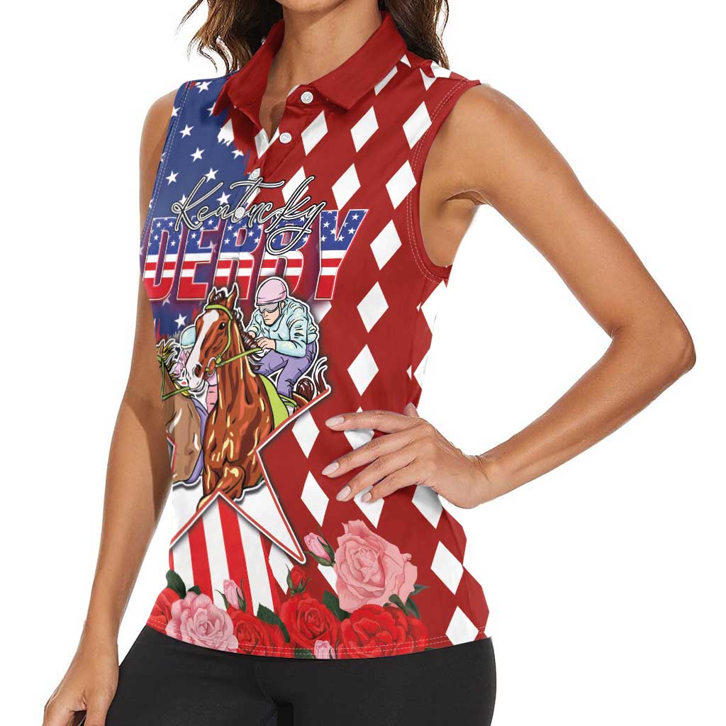 Kentucky Horses Racing Women Sleeveless Polo Shirt US Flag Grunge and Diamond Pattern Red Color