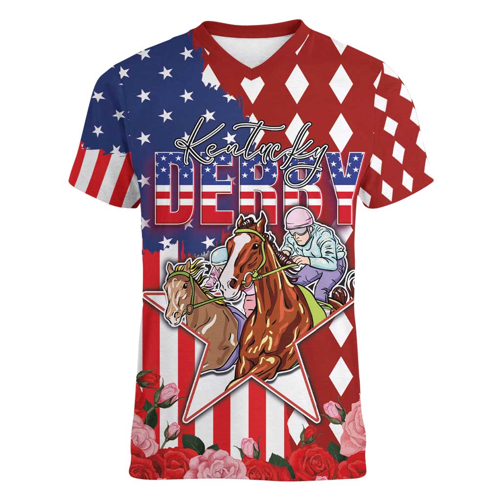 Kentucky Horses Racing Women V-Neck T-Shirt US Flag Grunge and Diamond Pattern Red Color