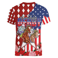 Kentucky Horses Racing Women V-Neck T-Shirt US Flag Grunge and Diamond Pattern Red Color