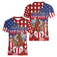 Kentucky Horses Racing Women V-Neck T-Shirt US Flag Grunge and Diamond Pattern Red Color