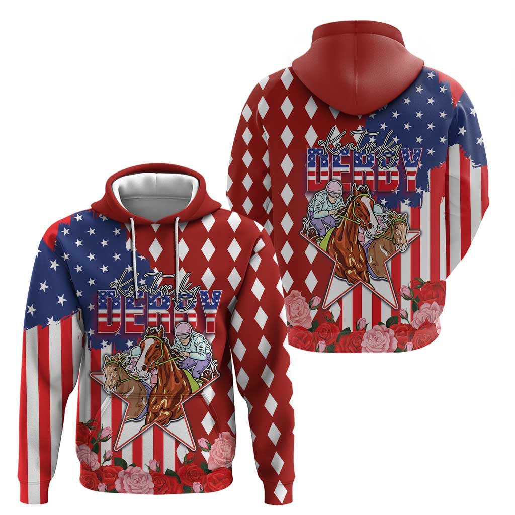 Kentucky Horses Racing Zip Hoodie US Flag Grunge and Diamond Pattern Red Color
