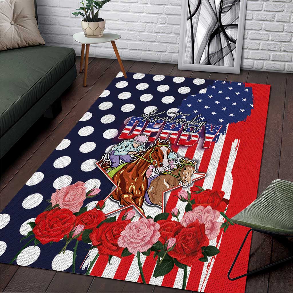 Kentucky Horses Racing Area Rug US Flag Grunge and Dot Pattern Blue Color