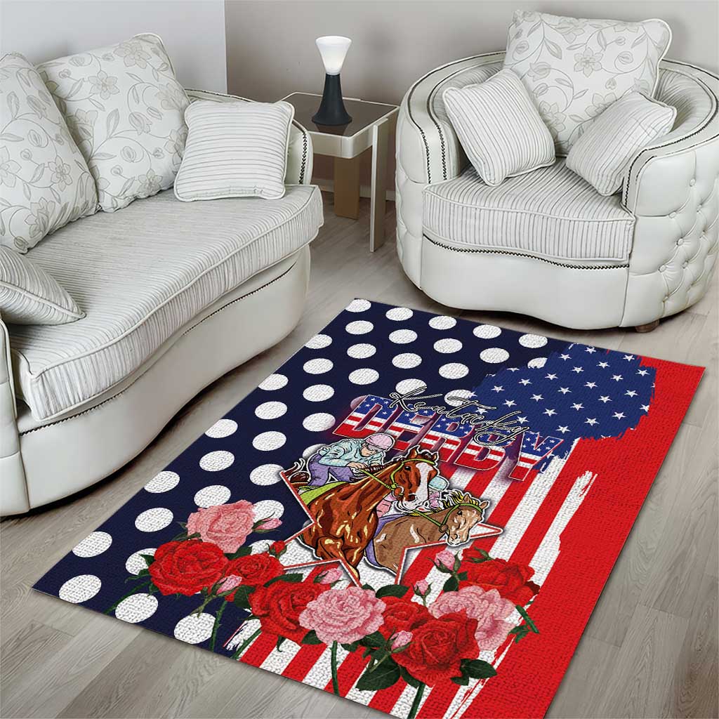 Kentucky Horses Racing Area Rug US Flag Grunge and Dot Pattern Blue Color