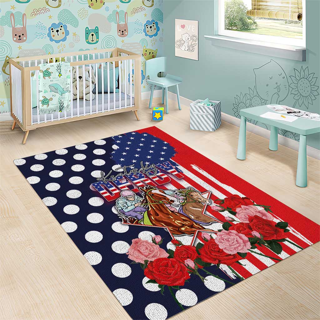 Kentucky Horses Racing Area Rug US Flag Grunge and Dot Pattern Blue Color