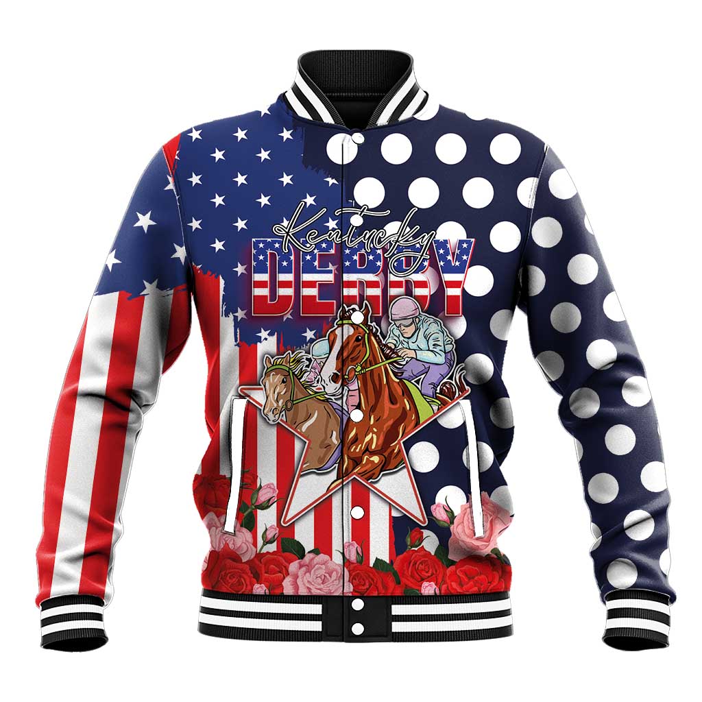 Kentucky Horses Racing Baseball Jacket US Flag Grunge and Dot Pattern Blue Color