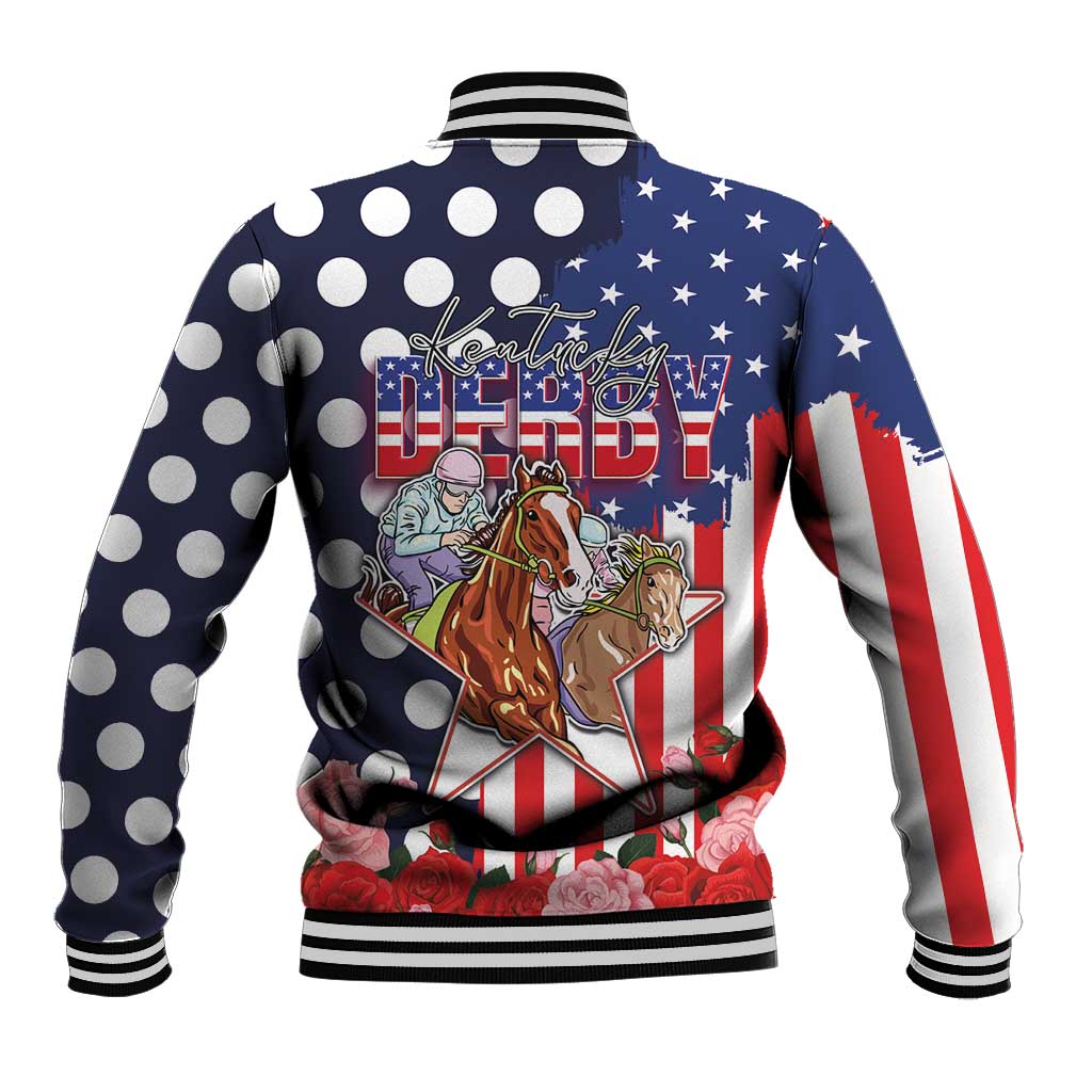 Kentucky Horses Racing Baseball Jacket US Flag Grunge and Dot Pattern Blue Color