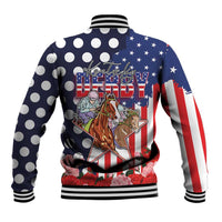Kentucky Horses Racing Baseball Jacket US Flag Grunge and Dot Pattern Blue Color