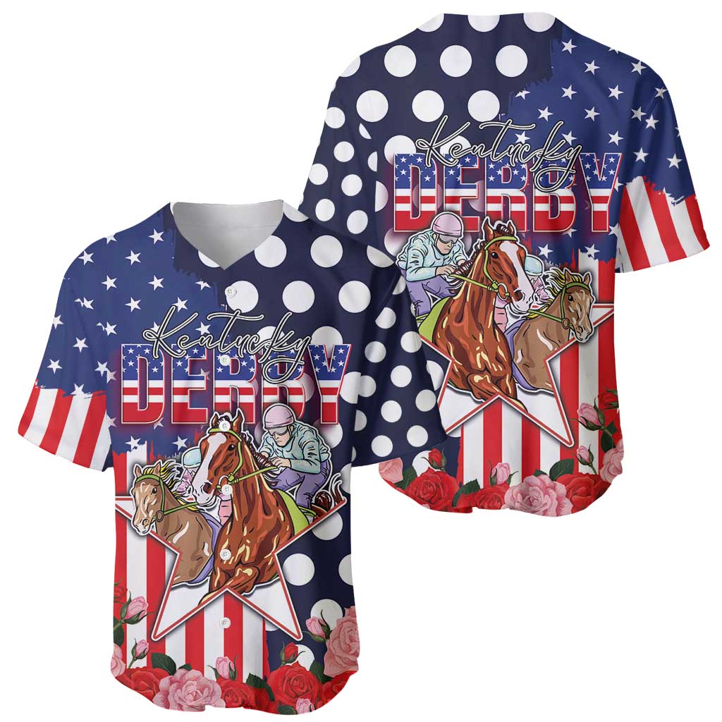 Kentucky Horses Racing Baseball Jersey US Flag Grunge and Dot Pattern Blue Color