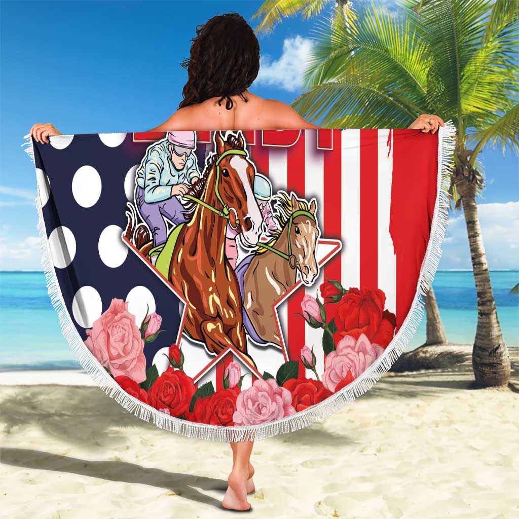 Kentucky Horses Racing Beach Blanket US Flag Grunge and Dot Pattern Blue Color