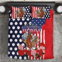 Kentucky Horses Racing Bedding Set US Flag Grunge and Dot Pattern Blue Color
