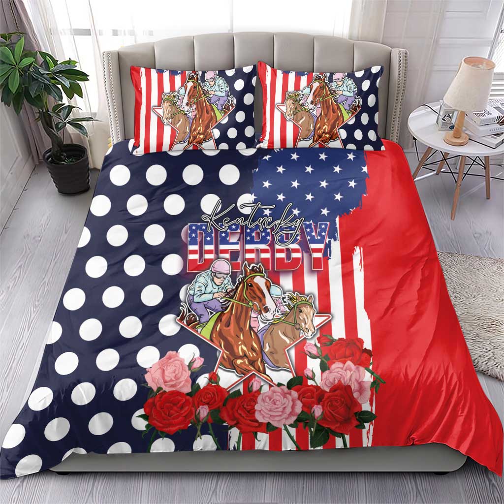 Kentucky Horses Racing Bedding Set US Flag Grunge and Dot Pattern Blue Color