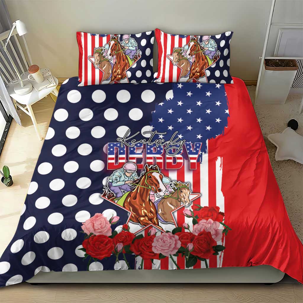Kentucky Horses Racing Bedding Set US Flag Grunge and Dot Pattern Blue Color