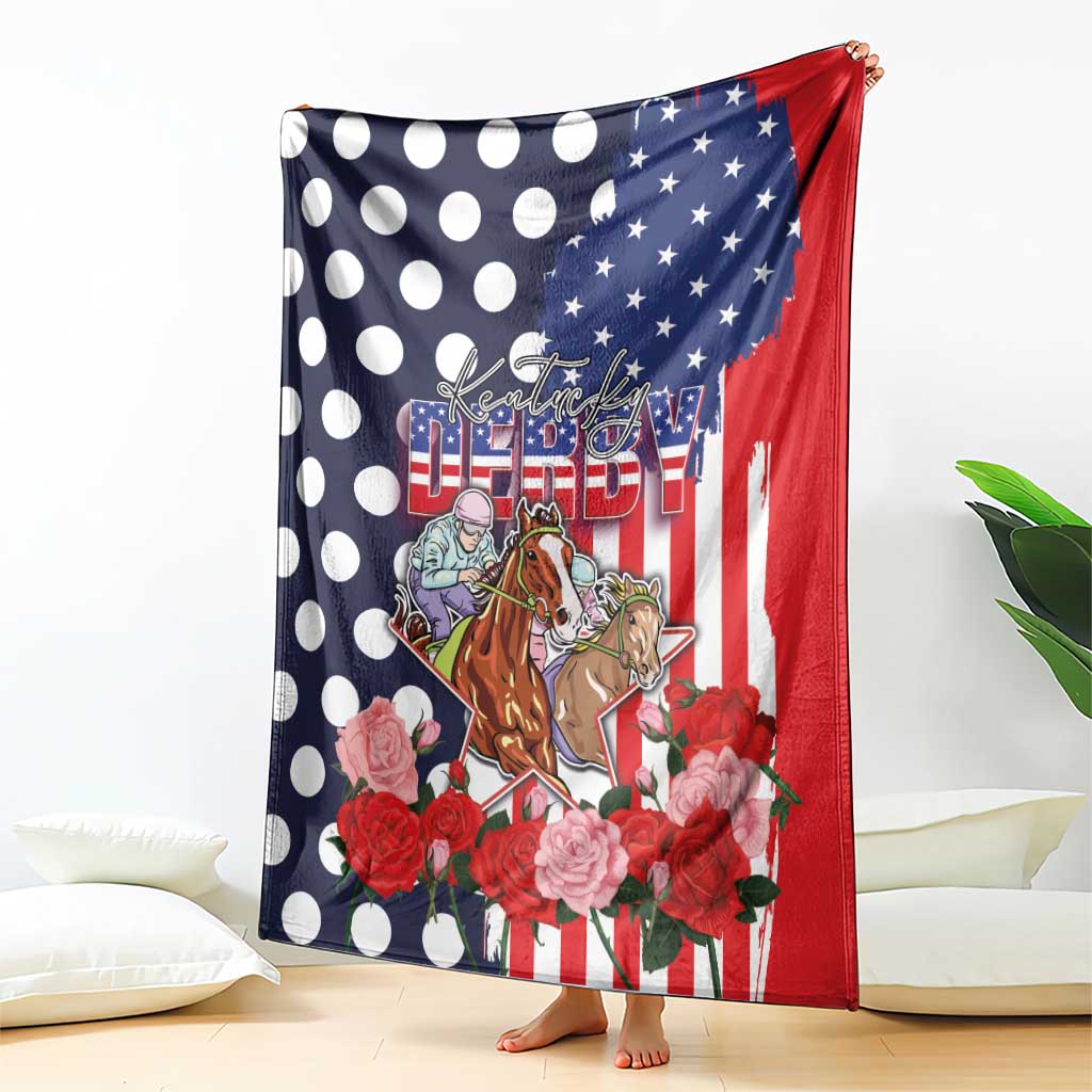 Kentucky Horses Racing Blanket US Flag Grunge and Dot Pattern Blue Color