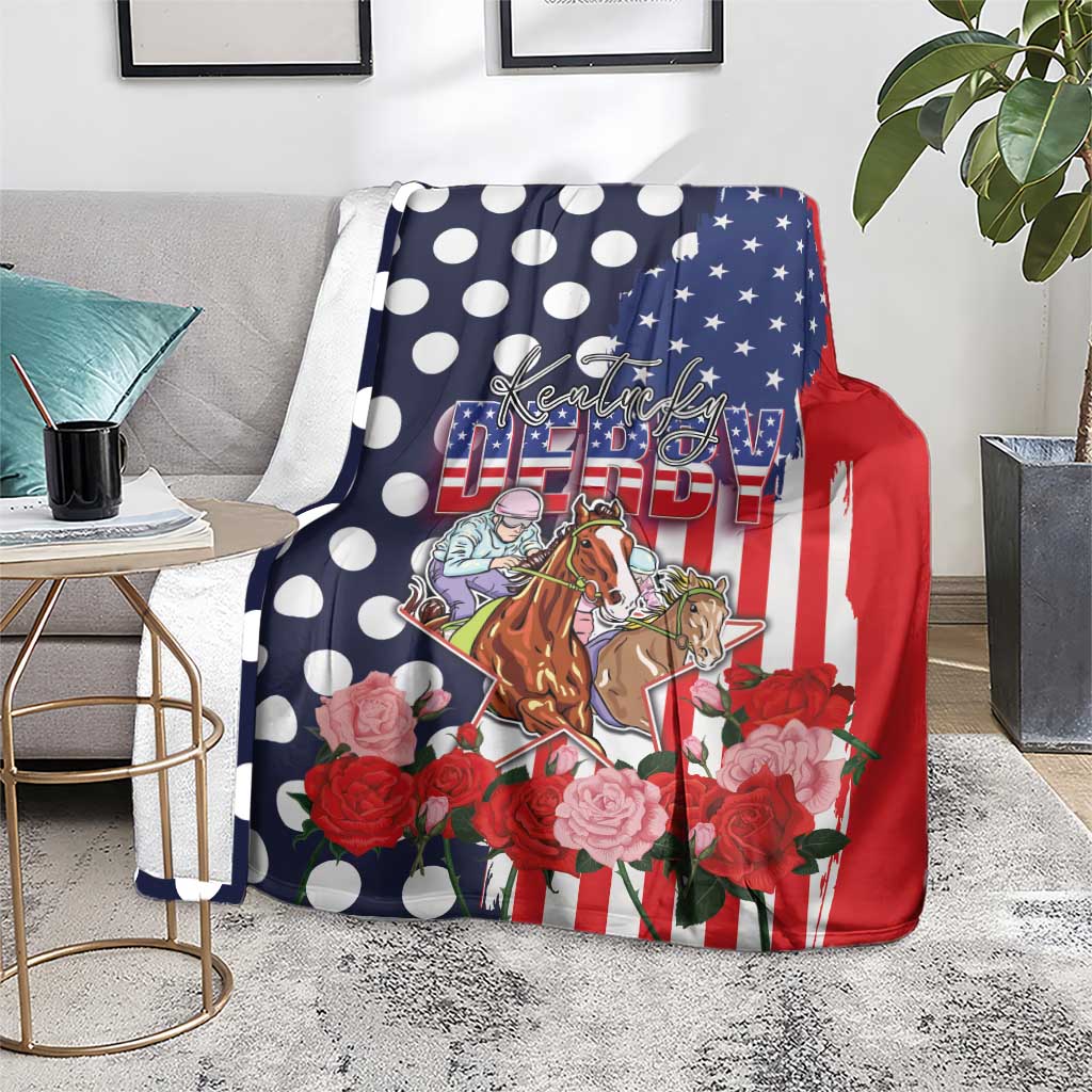 Kentucky Horses Racing Blanket US Flag Grunge and Dot Pattern Blue Color