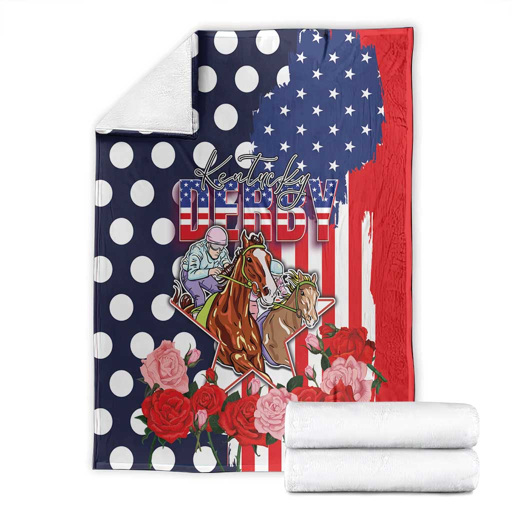 Kentucky Horses Racing Blanket US Flag Grunge and Dot Pattern Blue Color