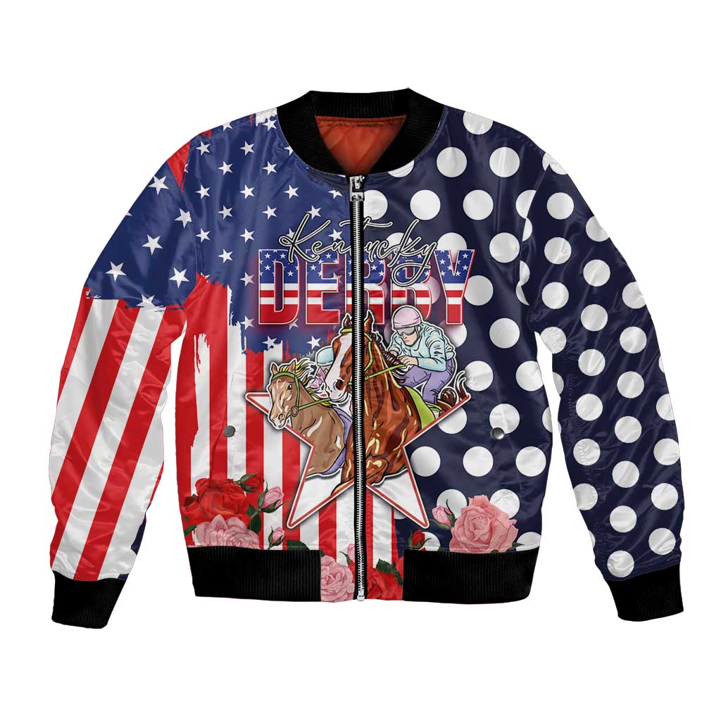 Kentucky Horses Racing Bomber Jacket US Flag Grunge and Dot Pattern Blue Color