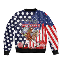 Kentucky Horses Racing Bomber Jacket US Flag Grunge and Dot Pattern Blue Color