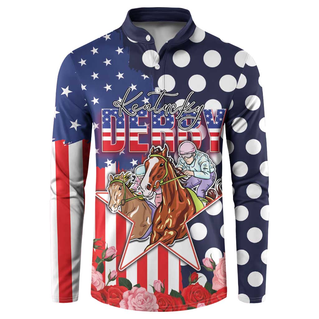 Kentucky Horses Racing Button Sweatshirt US Flag Grunge and Dot Pattern Blue Color