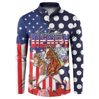 Kentucky Horses Racing Button Sweatshirt US Flag Grunge and Dot Pattern Blue Color
