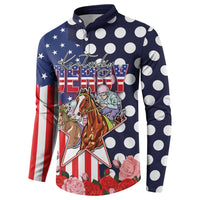 Kentucky Horses Racing Button Sweatshirt US Flag Grunge and Dot Pattern Blue Color