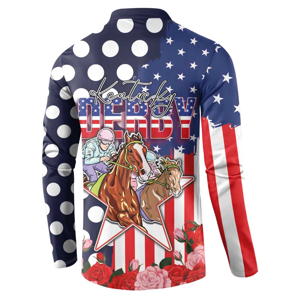 Kentucky Horses Racing Button Sweatshirt US Flag Grunge and Dot Pattern Blue Color