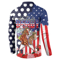 Kentucky Horses Racing Button Sweatshirt US Flag Grunge and Dot Pattern Blue Color