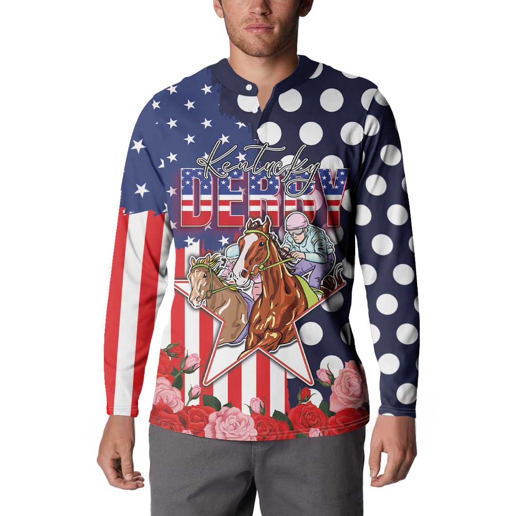 Kentucky Horses Racing Button Sweatshirt US Flag Grunge and Dot Pattern Blue Color