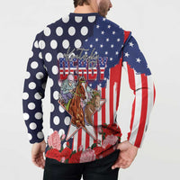 Kentucky Horses Racing Button Sweatshirt US Flag Grunge and Dot Pattern Blue Color
