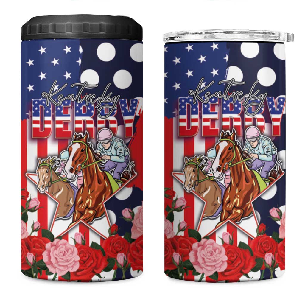 Kentucky Horses Racing 4 in 1 Can Cooler Tumbler US Flag Grunge and Dot Pattern Blue Color