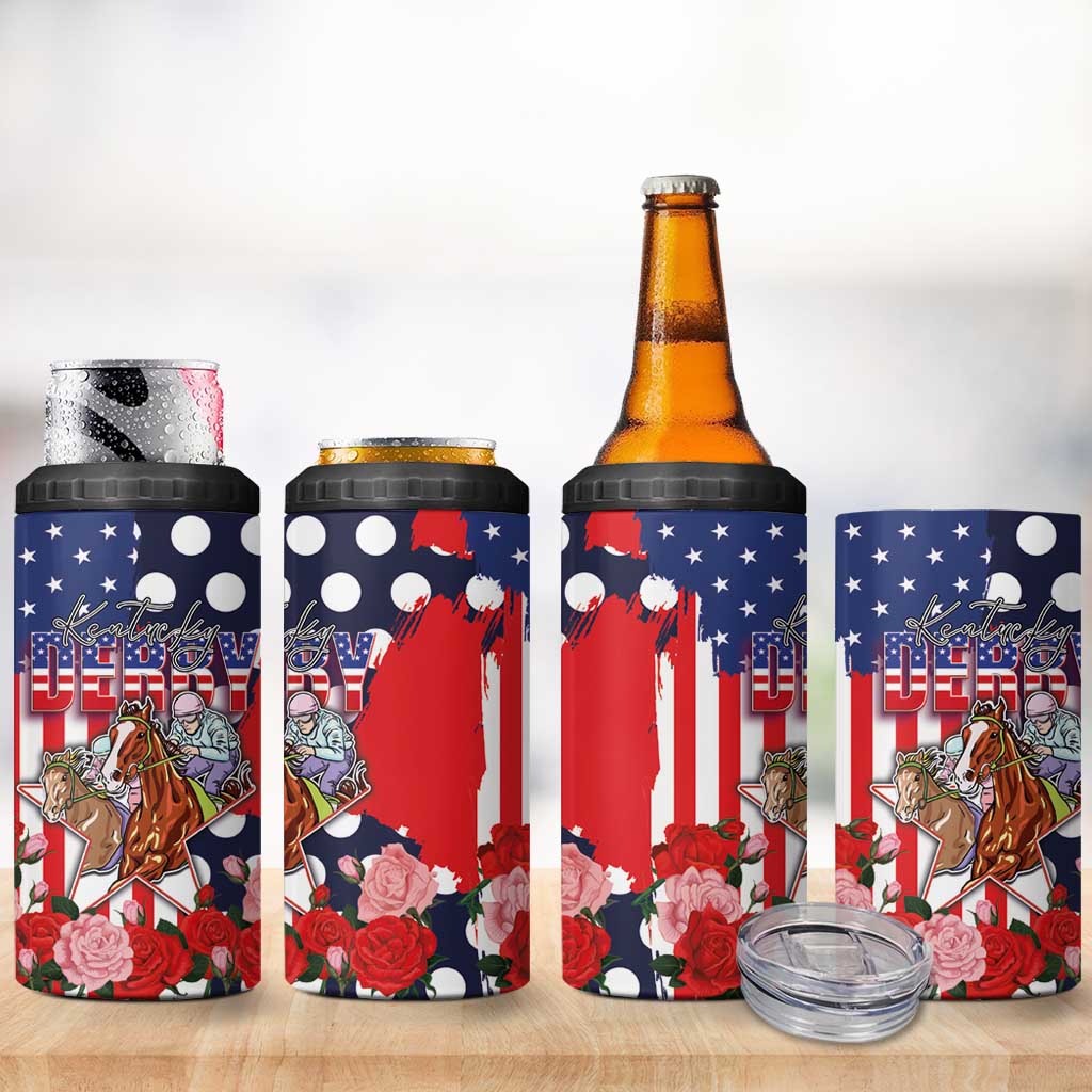 Kentucky Horses Racing 4 in 1 Can Cooler Tumbler US Flag Grunge and Dot Pattern Blue Color