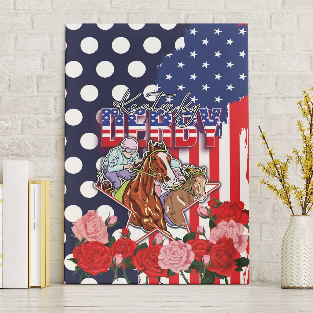 Kentucky Horses Racing Canvas Wall Art US Flag Grunge and Dot Pattern Blue Color