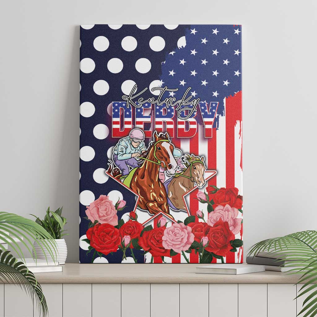 Kentucky Horses Racing Canvas Wall Art US Flag Grunge and Dot Pattern Blue Color