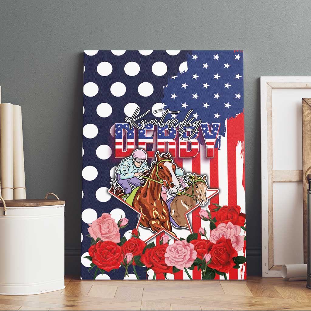 Kentucky Horses Racing Canvas Wall Art US Flag Grunge and Dot Pattern Blue Color