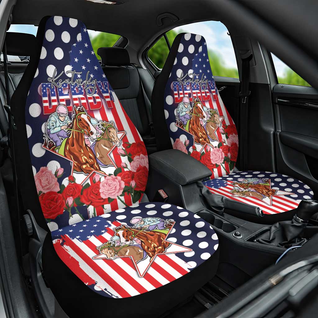 Kentucky Horses Racing Car Seat Cover US Flag Grunge and Dot Pattern Blue Color