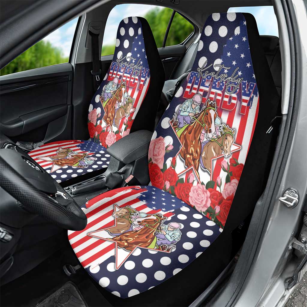 Kentucky Horses Racing Car Seat Cover US Flag Grunge and Dot Pattern Blue Color