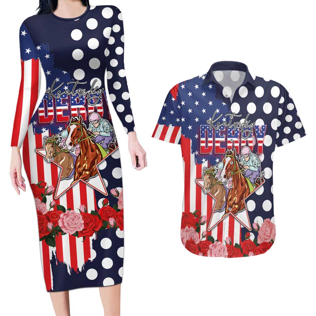 Kentucky Horses Racing Couples Matching Long Sleeve Bodycon Dress and Hawaiian Shirt US Flag Grunge and Dot Pattern Blue Color