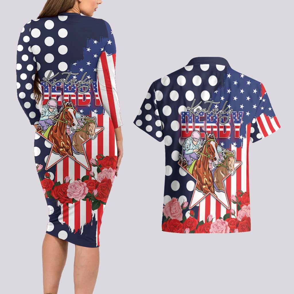 Kentucky Horses Racing Couples Matching Long Sleeve Bodycon Dress and Hawaiian Shirt US Flag Grunge and Dot Pattern Blue Color