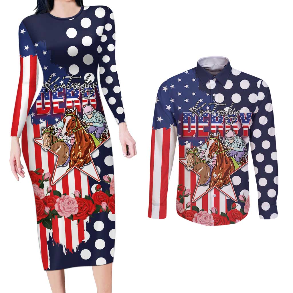 Kentucky Horses Racing Couples Matching Long Sleeve Bodycon Dress and Long Sleeve Button Shirt US Flag Grunge and Dot Pattern Blue Color