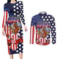 Kentucky Horses Racing Couples Matching Long Sleeve Bodycon Dress and Long Sleeve Button Shirt US Flag Grunge and Dot Pattern Blue Color