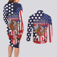 Kentucky Horses Racing Couples Matching Long Sleeve Bodycon Dress and Long Sleeve Button Shirt US Flag Grunge and Dot Pattern Blue Color