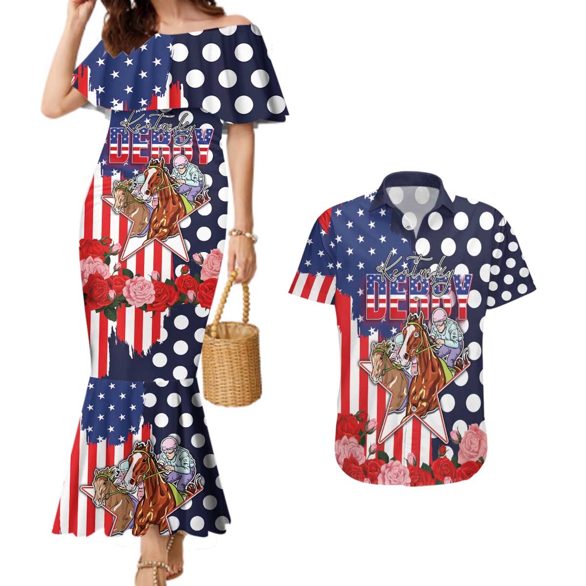Kentucky Horses Racing Couples Matching Mermaid Dress and Hawaiian Shirt US Flag Grunge and Dot Pattern Blue Color