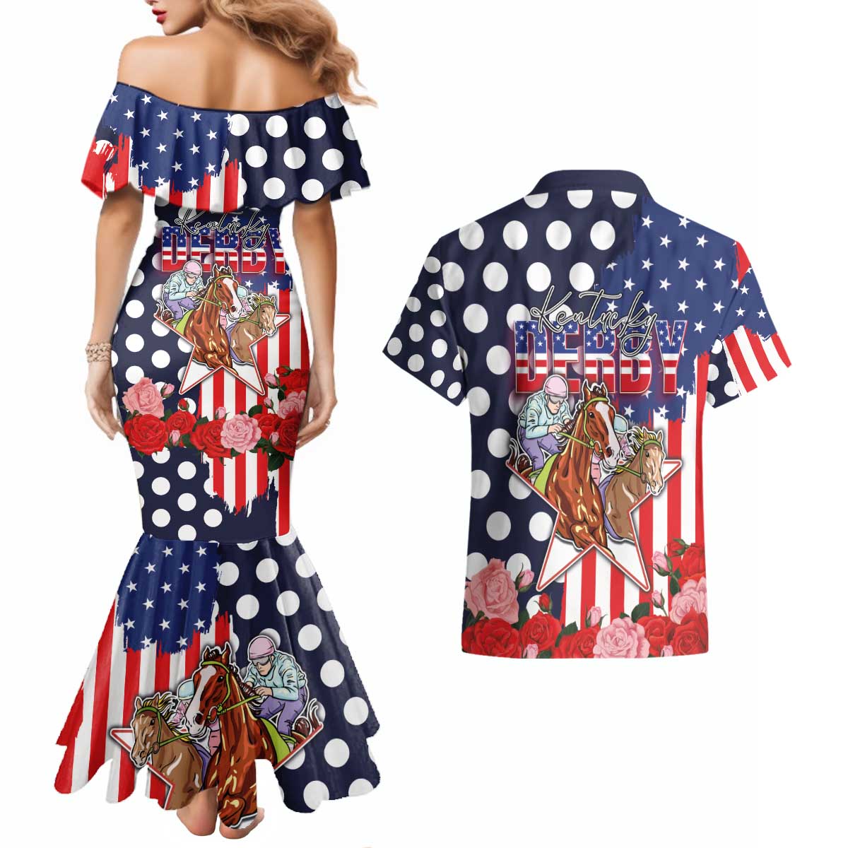 Kentucky Horses Racing Couples Matching Mermaid Dress and Hawaiian Shirt US Flag Grunge and Dot Pattern Blue Color